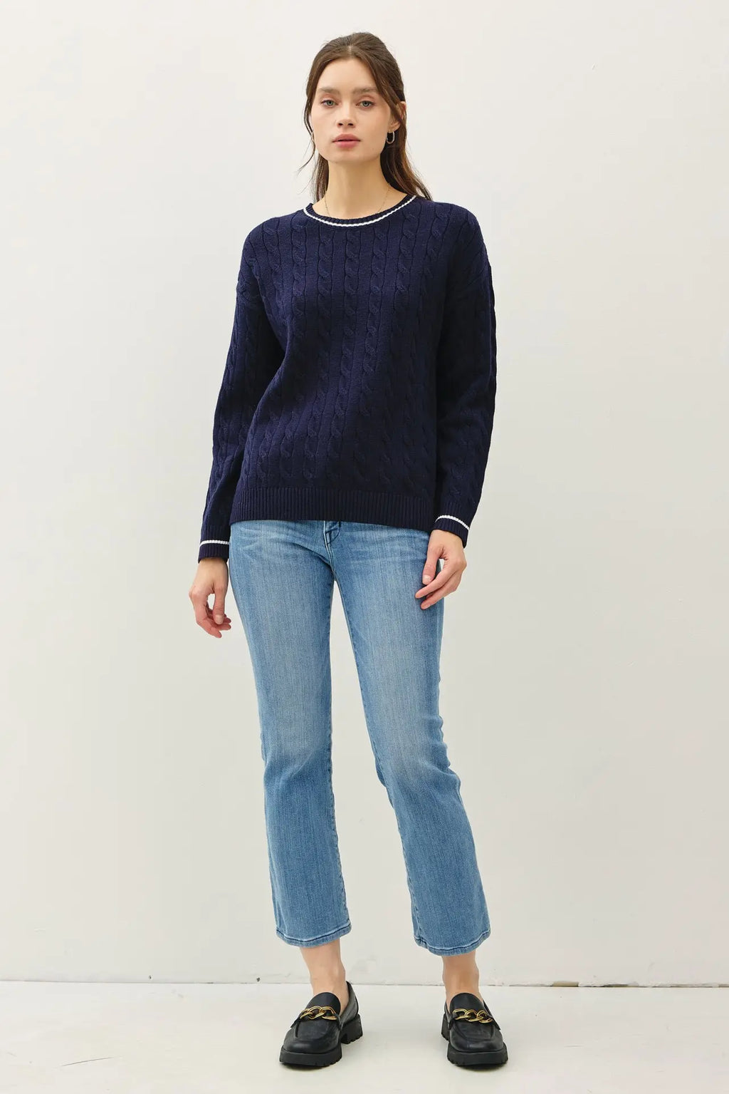 CHUNKY CABLE KNIT SWEATER WITH ACCENT DETAIL