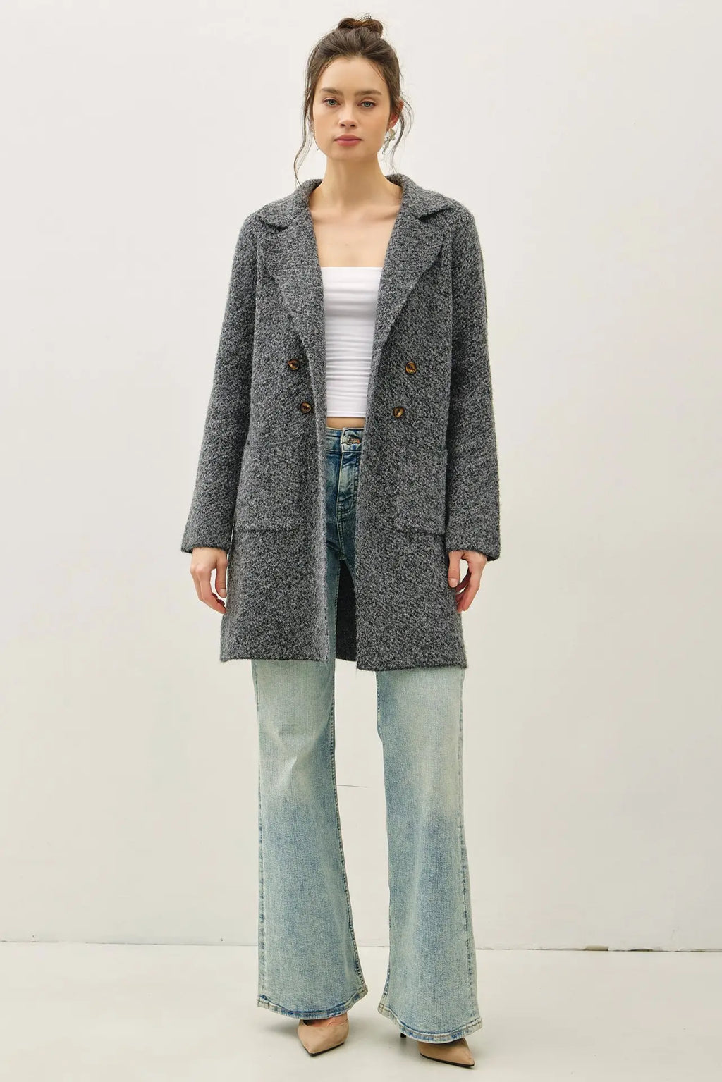 BOUCLE KNIT COATIGAN WITH DOUBLE BUTTON CLOSURE
