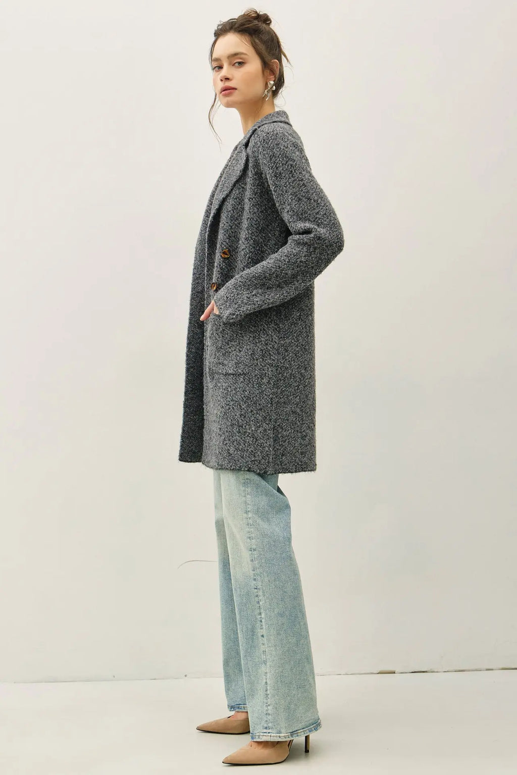 BOUCLE KNIT COATIGAN WITH DOUBLE BUTTON CLOSURE