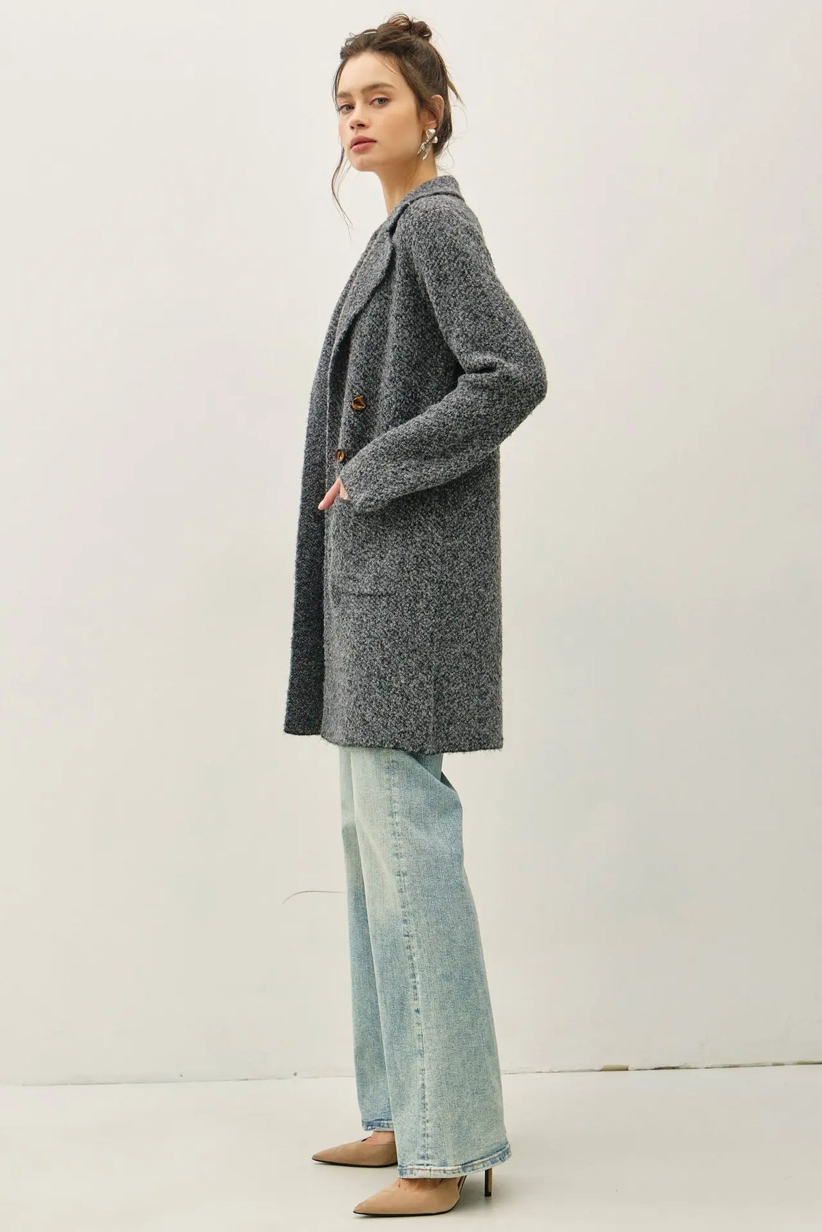 BOUCLE KNIT COATIGAN WITH DOUBLE BUTTON CLOSURE