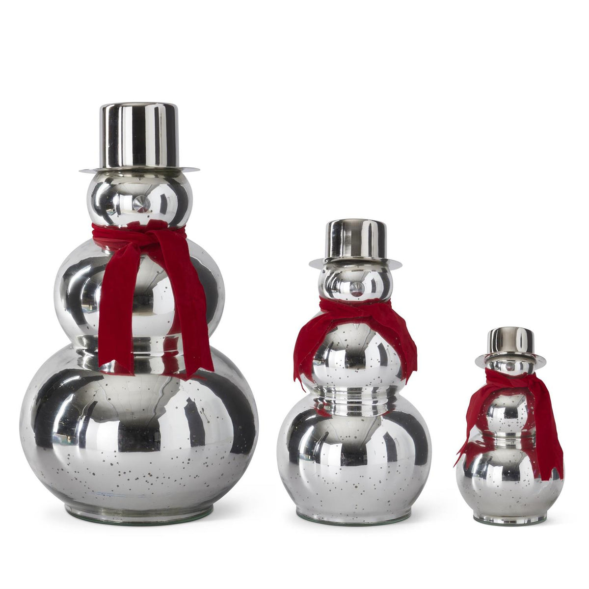 SILVER MERCURY GLASS SNOWMEN W/RED SCARF & TOP HAT