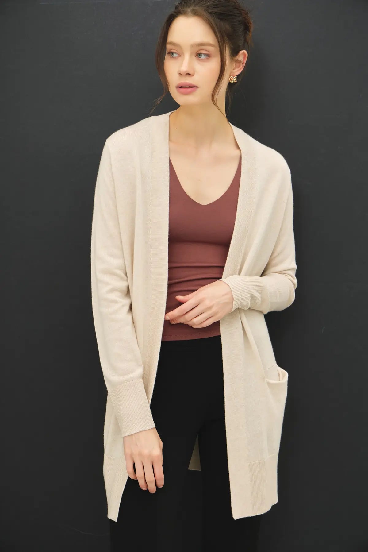 WOOL BLENDED BASIC OPEN LONG CARDIGAN