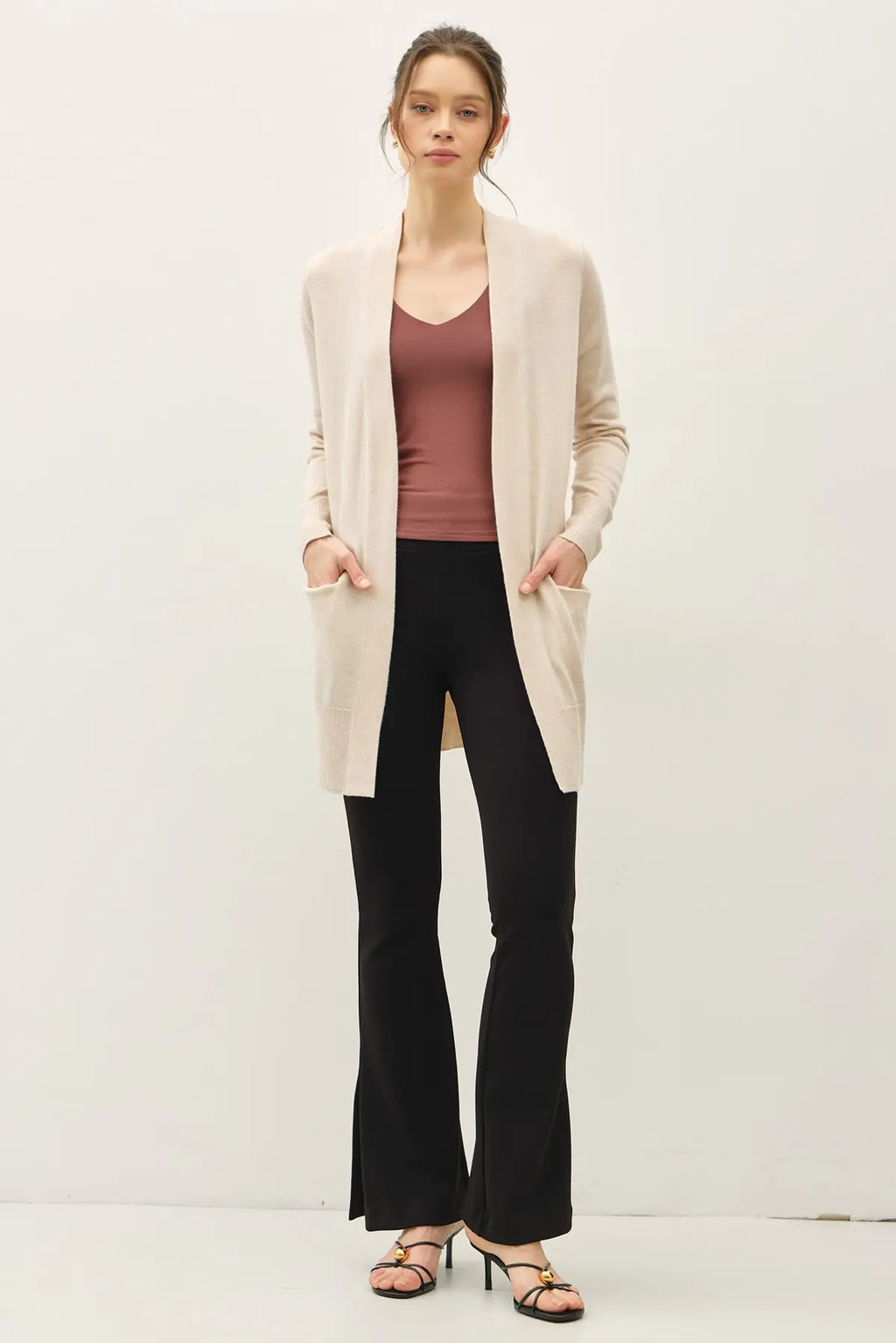 WOOL BLENDED BASIC OPEN LONG CARDIGAN