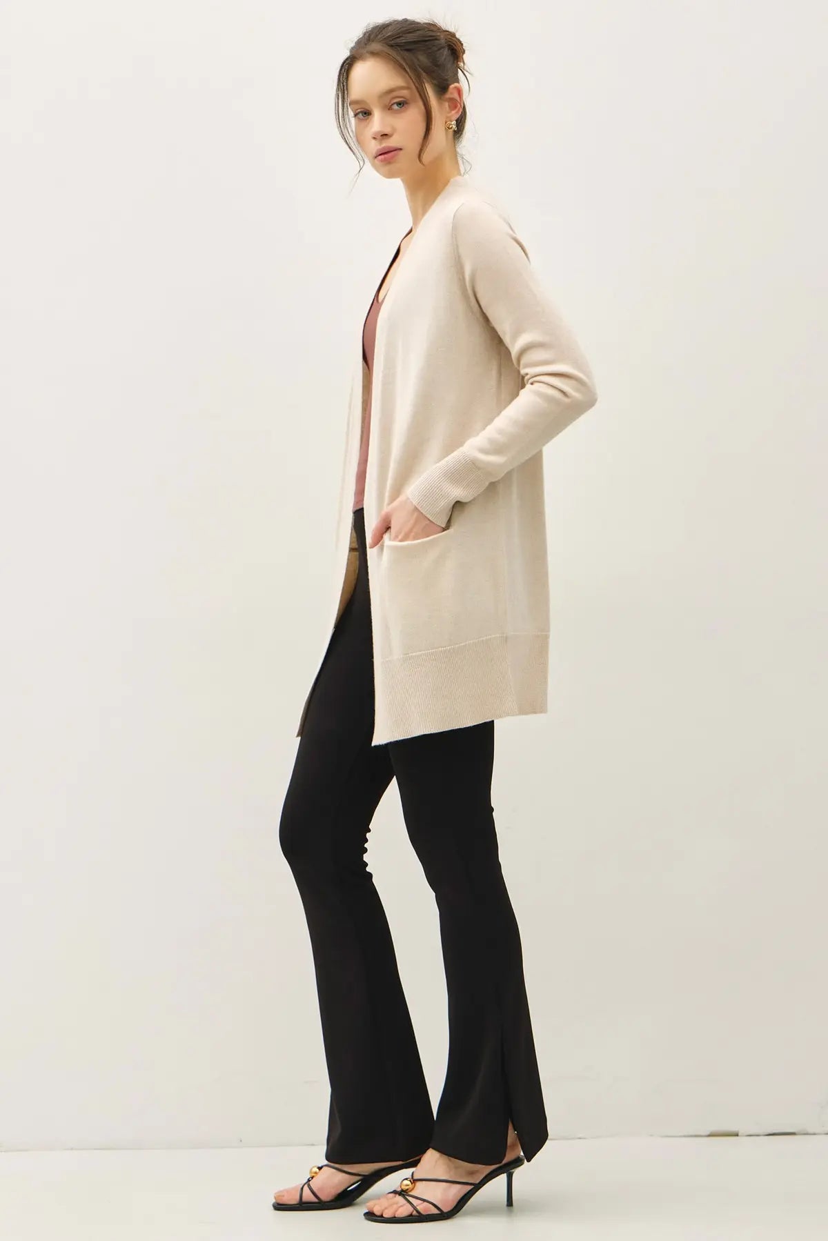 WOOL BLENDED BASIC OPEN LONG CARDIGAN