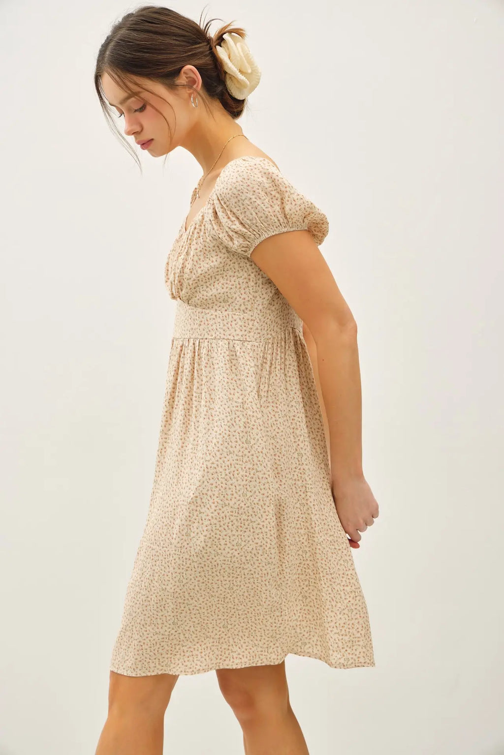 FLORAL PRINT PUFF SLEEVE RUCHED BUST MINI