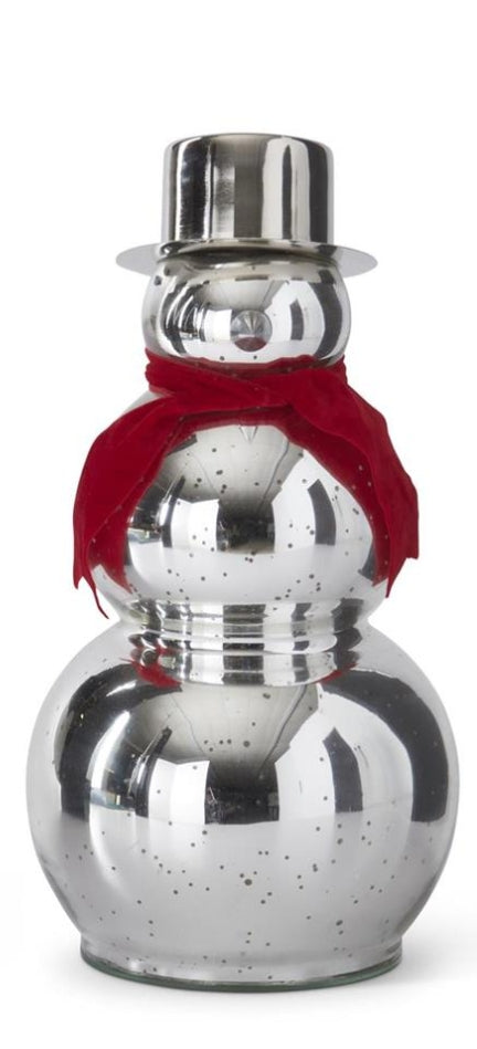 SILVER MERCURY GLASS SNOWMEN W/RED SCARF & TOP HAT