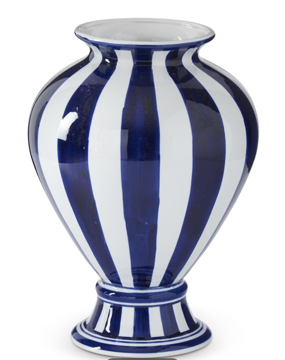 Blue & White Vertical Striped Ceramic Vase