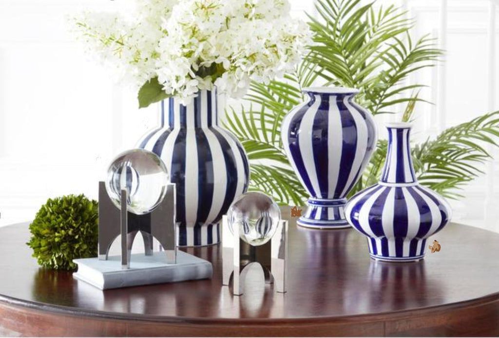 Blue & White Vertical Striped Ceramic Vase